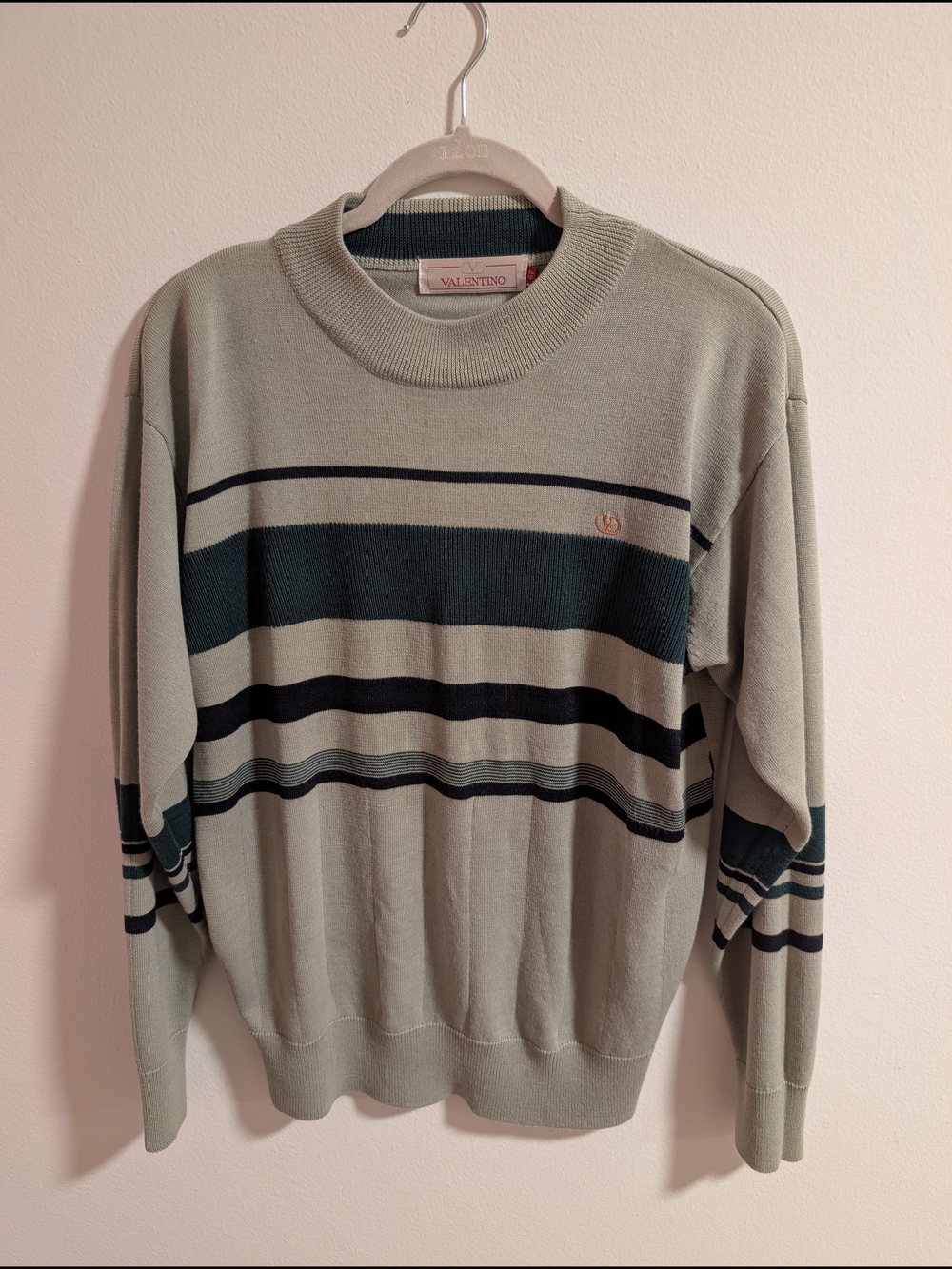 Valentino Men's Sage Green Striped Crewneck Sweater | Fits like an M